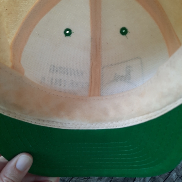 Vintage John Deere Tractor Cream Green Cotton Logo Farmer Snapback Hat OS - Picture 11 of 12